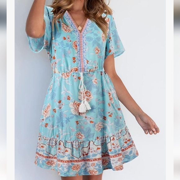 KYL Summer Boho Beach  Short Sleeve Flowy Ruffle Boho Floral Dress Size M - Picture 2 of 12